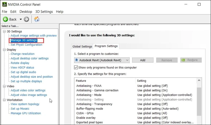 Sau đó bạn nhấn vào Manage 3D Settings