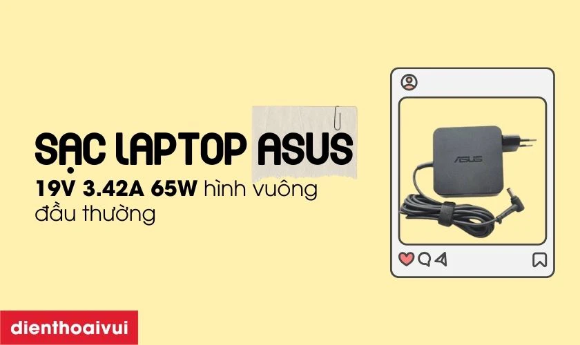 Mô tả sản phẩm sạc laptop Asus 19V 3.42A 65W hình vuông đầu thường