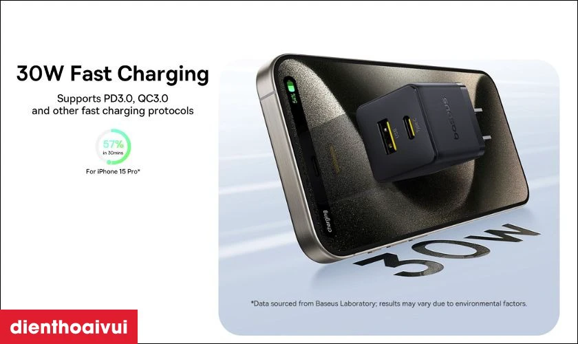 Hiệu năng sạc nhanh 30W với công nghệ Power Delivery