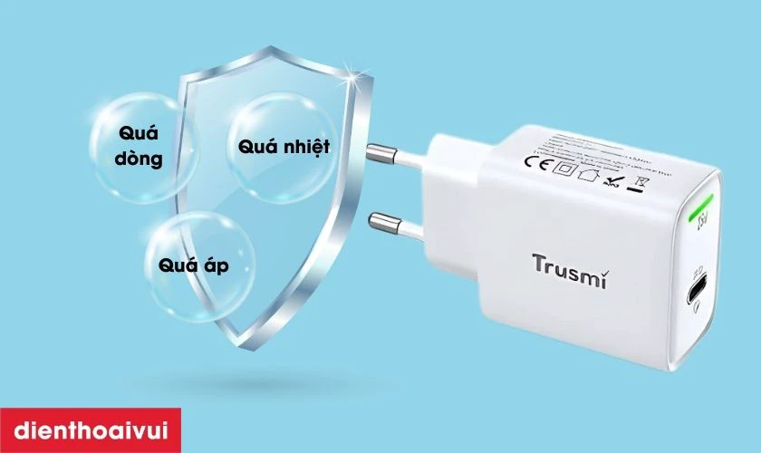 Sạc nhanh Mini Trusmi PD 65w Gan 1A+2C kèm cáp Type-C to Type-C 60w (US) CH05 an toàn