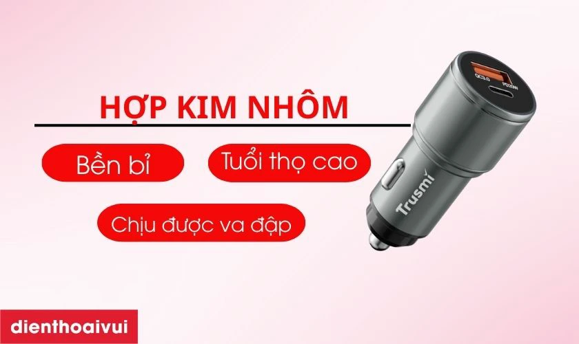 Sạc nhanh ô tô Mini Trusmi được chế tạo từ chất liệu hợp kim nhôm bền bỉ
