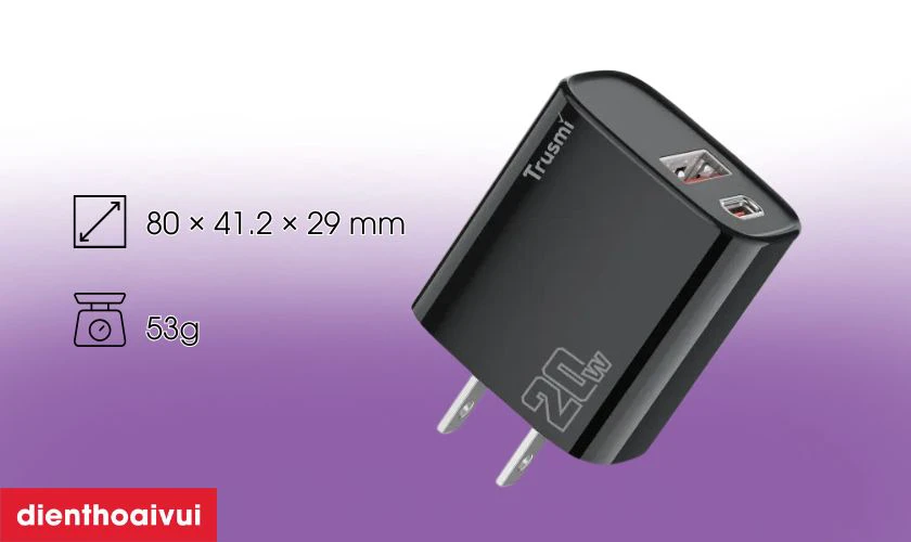 Sạc nhanh Trusmi 1A + 1C PD 20w (EU) CH07 thiết kế nhỏ gọn
