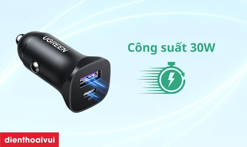 Sạc ô tô Ugreen 30W cổng USB-C + USB-A CD130 40858 công suất mạnh mẽ