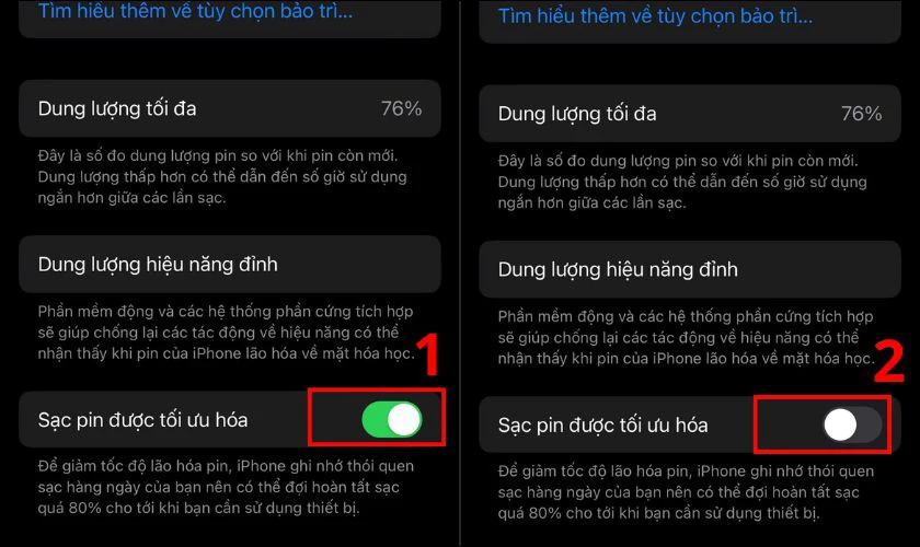 Tắt Sạc pin được tối ưu hóa để vô hiệu hóa tính năng