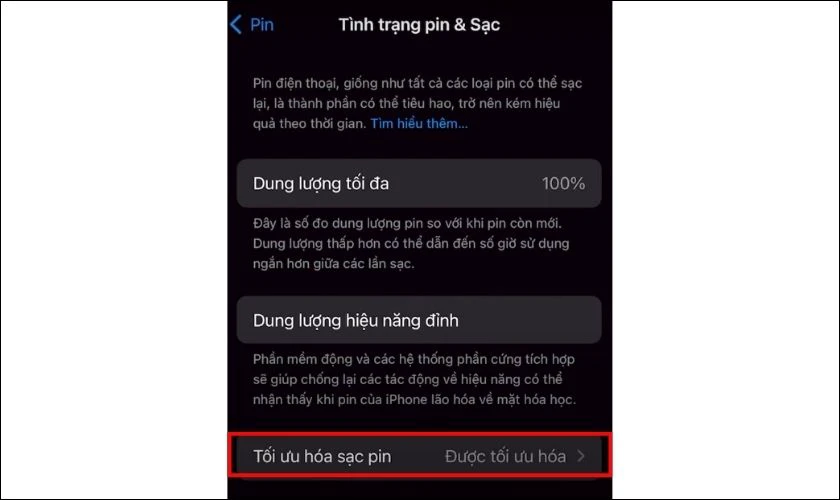 Kế đến bạn chọn Tối ưu hóa sạc pin