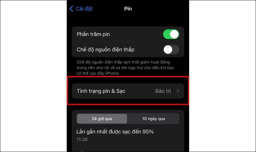 Tại giao diện Pin bạn hãy chọn Tình trạng pin & Sạc