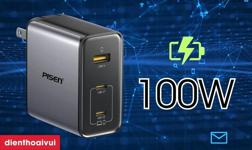 Sạc Pisen Bolt Pro 100W 2C1A Gan Fast kèm cáp Type-C to Type-C có công suất mạnh mẽ