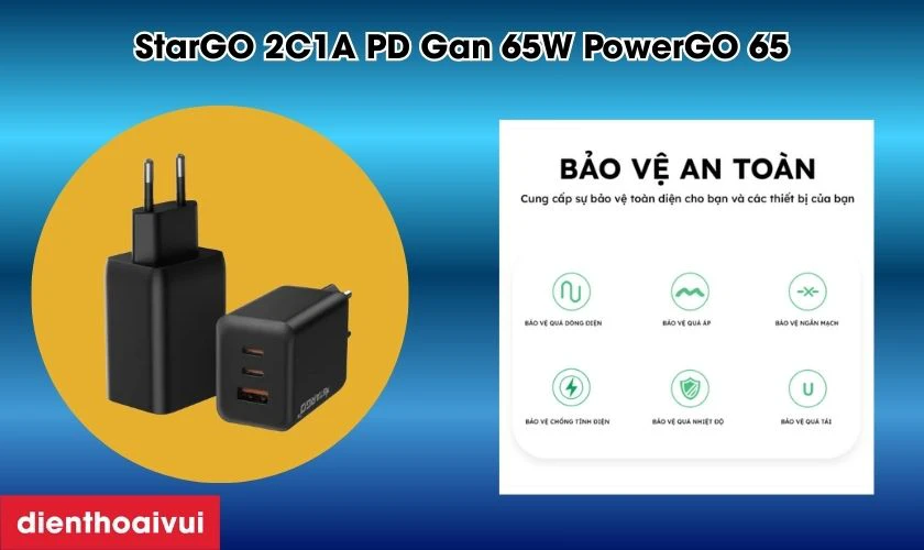 Sạc StarGO 2C1A PD Gan 65W PowerGO 65 bảo vệ sạc an toàn