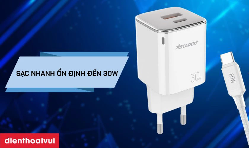 Sạc StarGO Onelink 1C1A 30W kèm cáp C-C CC301 sạc nhanh, ổn định