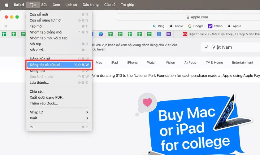 Cách đóng tất cả các tab trê Safari máy tính