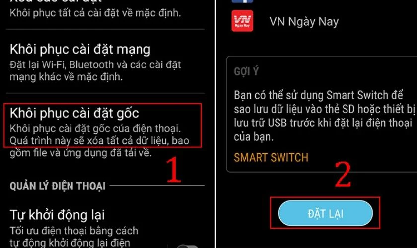 Kết nối sạc để kiểm tra kết quả sau khi khôi phục cài đặt gốc