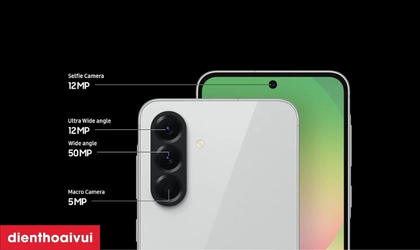 Camera sau 3 ống kính 50MP (OIS), góc siêu rộng 12MP và macro 5MP