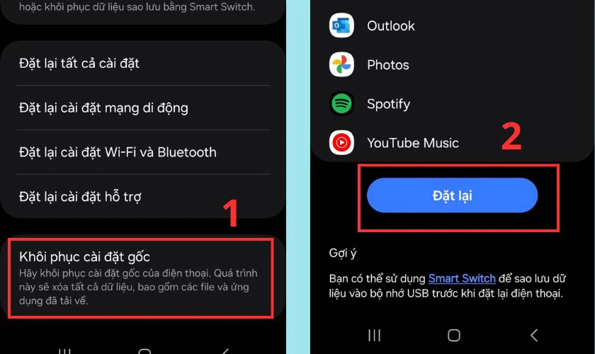 Chọn vào Khôi phục cài đặt gốc và chọn tiếp vào Đặt lại