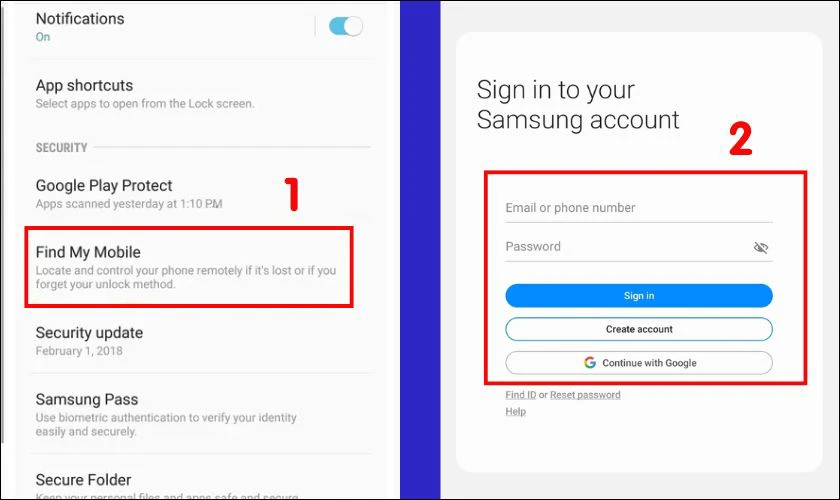 Chọn mục Find My Mobile và thực hiện đăng nhập theo yêu cầu