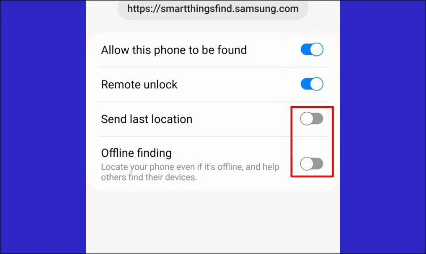 Kích hoạt các mục Offline finding và Send last location