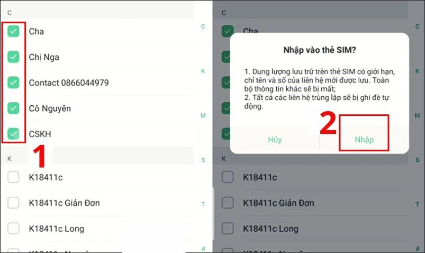 Tick chọn số cần sao chép và chọn Nhập để hoàn tất