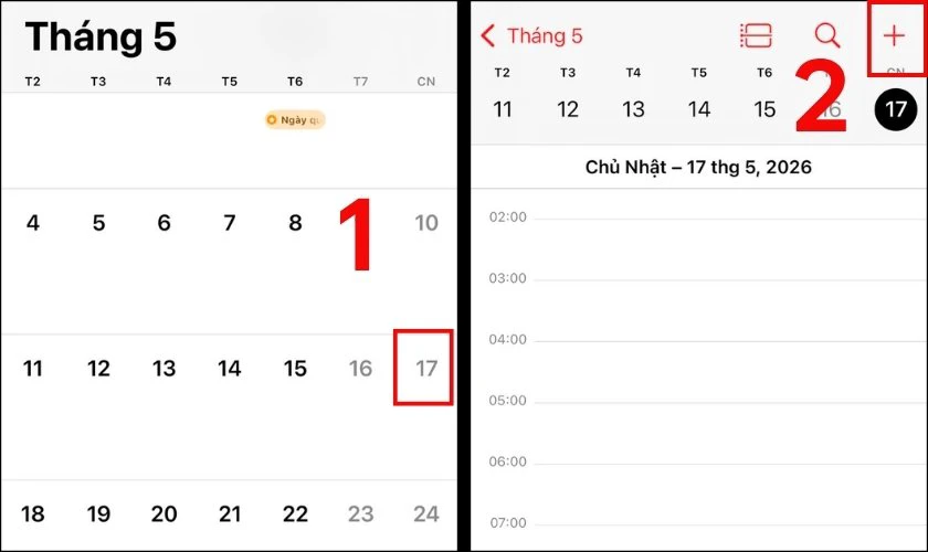 Chọn Ngày và nhấn vào dấu + để tạo sự kiện mới cho từng ngày lễ