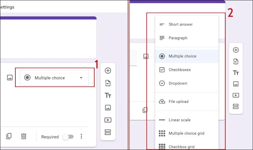 Nhấp dấu mũi tên ở mục Multiple choice