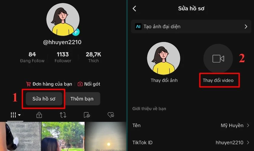 Chọn mục Sửa hồ sơ và tiếp tục chọn Thay đổi video