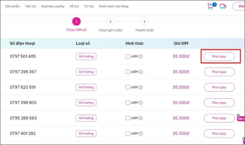 Chọn SIM bạn muốn mua và nhấn nút Mua ngay