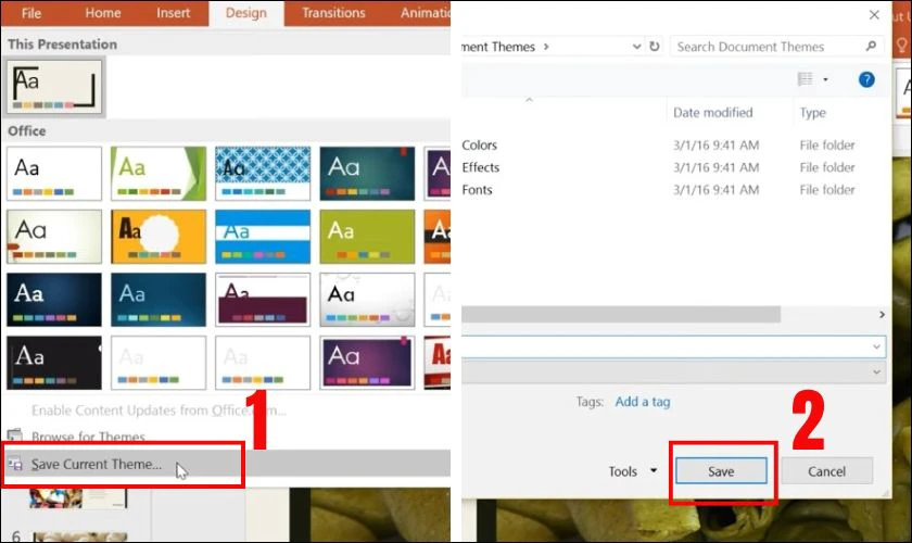 Chọn Save Current Theme để lưu lại định dạng slide mà bạn đã tạo