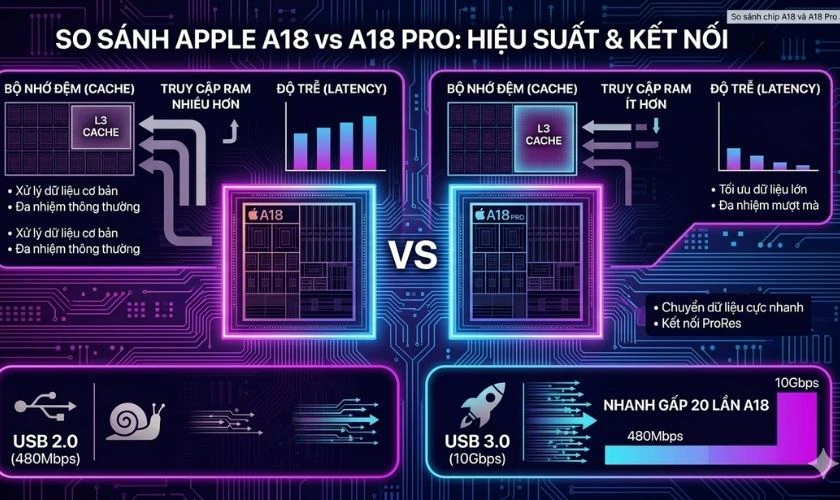 So sánh chip A18 và A18 Pro về bộ nhớ đệm và tốc độ truy xuất dữ liệu