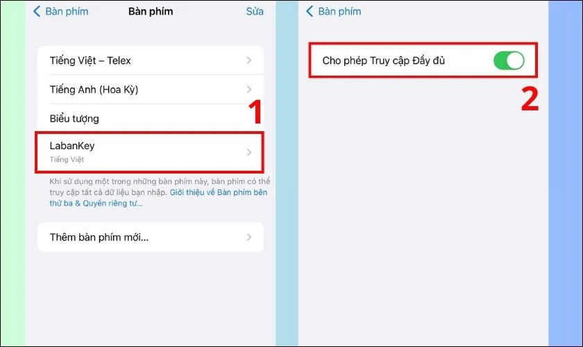 Chọn vào mục LabanKey và nhấn gạt phải bật Cho Phép Truy cập Đầy đủ