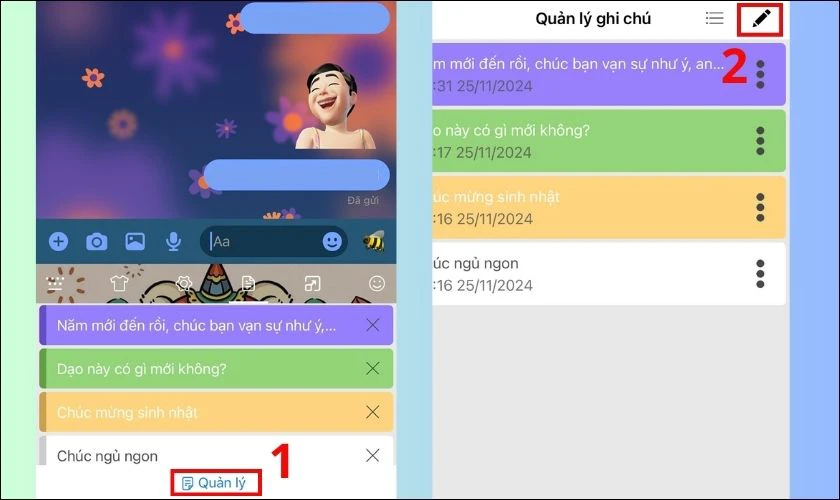Tiếp tục nhấn Quản lý, nhấn vào icon cây bút bên phải để tự tạo tin nhắn chúc Tết