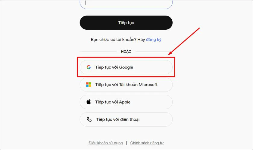 Sau đó bạn chọn tiếp tục với Google hoặc những mục khác