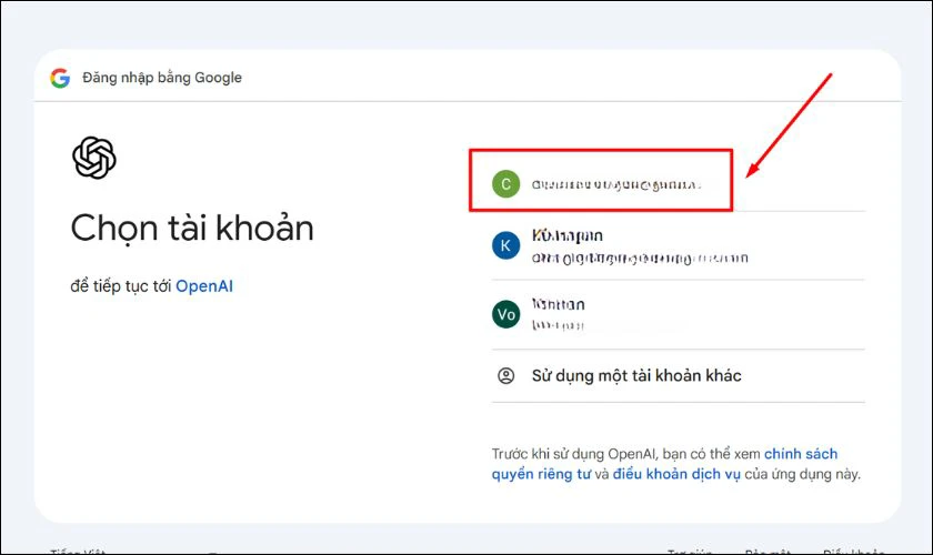 Tiếp theo bạn chọn 1 tài khoản Google bất kì của mình để đăng nhập vào ChatGPT