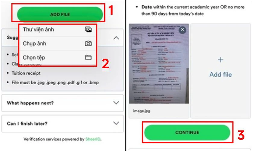 Hãy nhấn Add file để chọn tài liệu phù hợp, rồi nhấn Continue