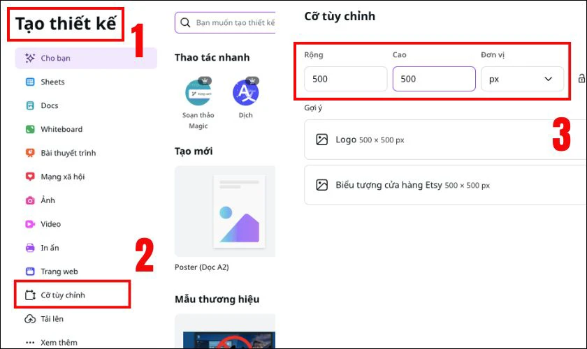 Nhấn chọn Tạo thiết kế, chọn cỡ tùy chỉnh