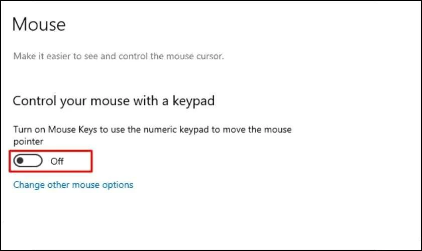 Kéo thanh từ Off sang On để bật tính năng Mouse Keys