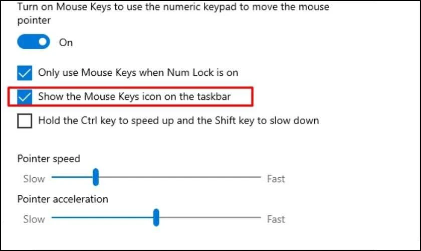 Đánh dấu vào mục Show the Mouse Keys icon on the taskbar