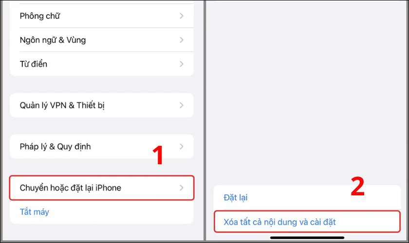 Nhấn Xóa tất cả nội dung và cài đặt