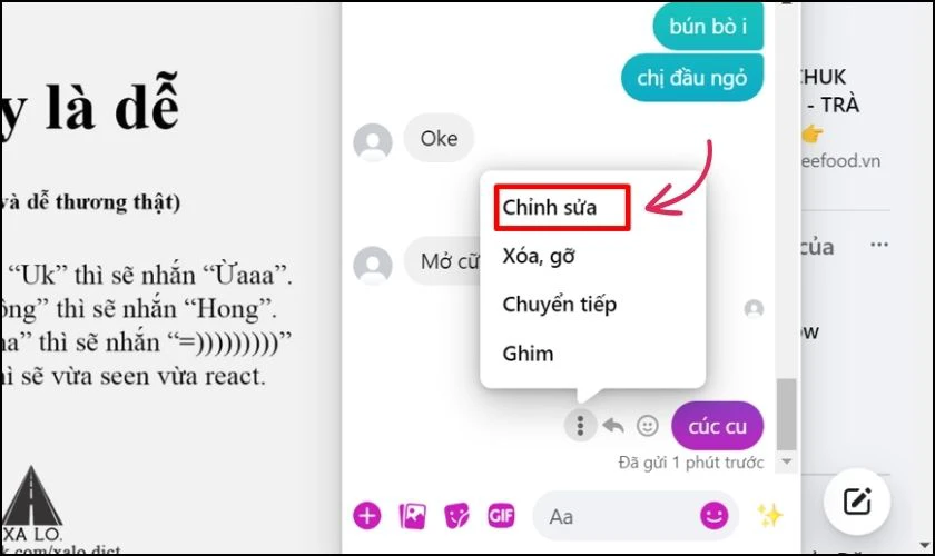 Chọn Chỉnh sửa để tiến hành chỉnh sửa tin nhắn