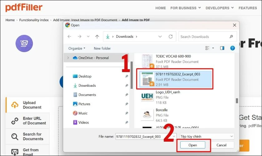 Chọn file PDF cần chèn và click vào Open