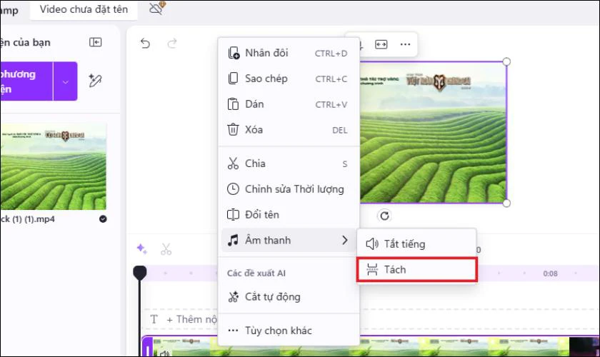 Chọn Âm thanh rồi nhấn Tách