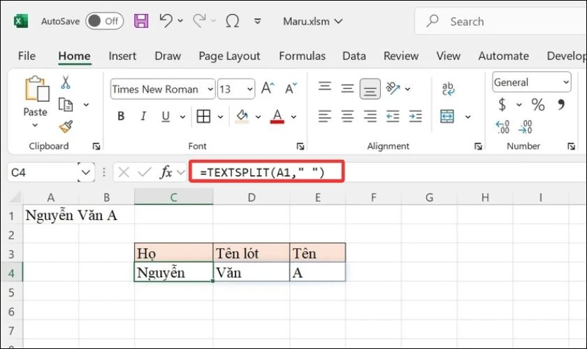 Tách chữ trong Excel bằng hàm TEXTSPLIT