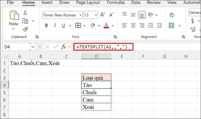 Tách theo dấu phẩy xuống nhiều hàng