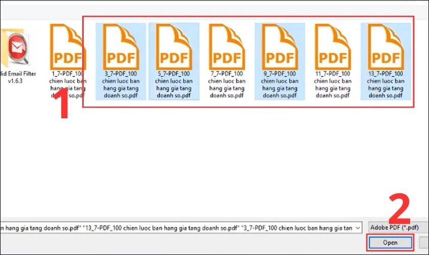 Vào thư mục lưu trữ các file PDF cần ghép, bấm chọn các file