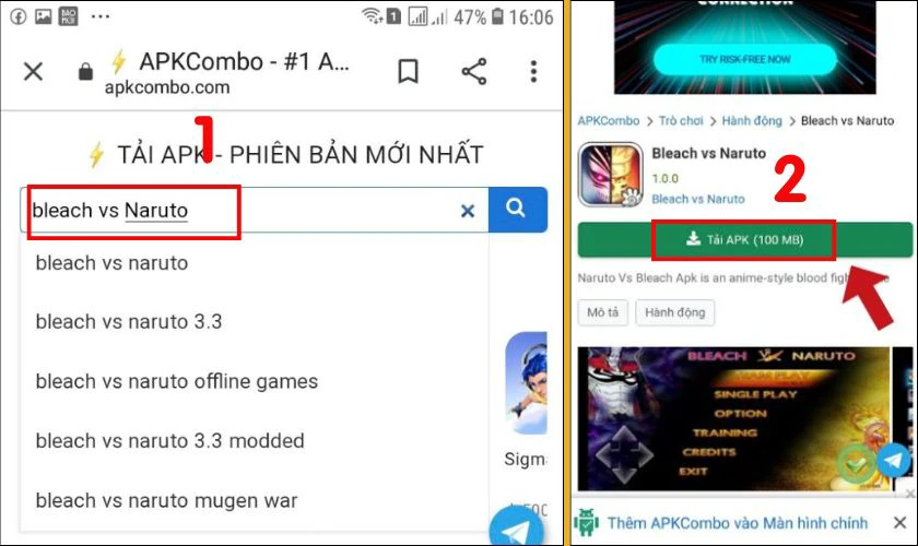 Nhập tên game Bleach vs Naruto 4.0 và tải xuống