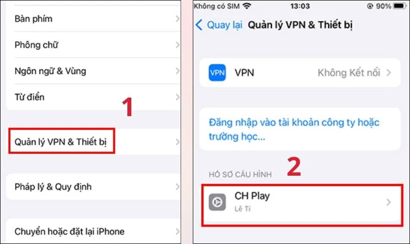 Đến giao diện cài đặt chung, sau đó chọn Quản lí VPN và thiết bị