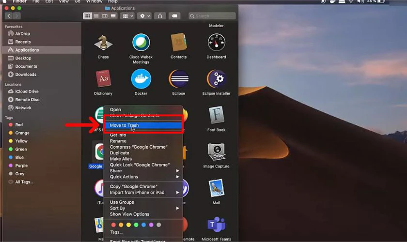 Nhấp chuột phải vào Chrome và bạn chọn Move to Trash