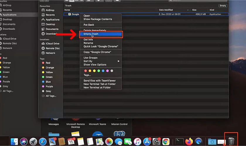 Mở Trash và chọn Empty Trash để có thể gỡ cài đặt Chrome khỏi máy
