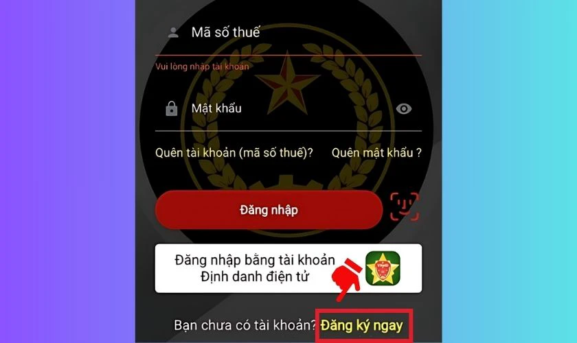 Mở lại ứng dụng eTax Mobile, chọn mục Đăng ký ngay