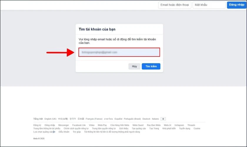 Nhập email hoặc số điện thoại để tìm kiếm tài khoản