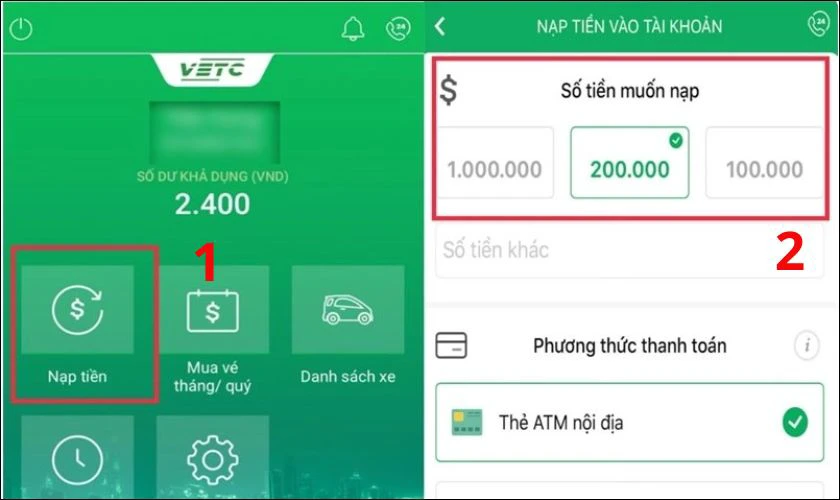 Nạp qua ứng dụng VETC, Internet Banking, ví điện tử hoặc tại các điểm dịch vụ