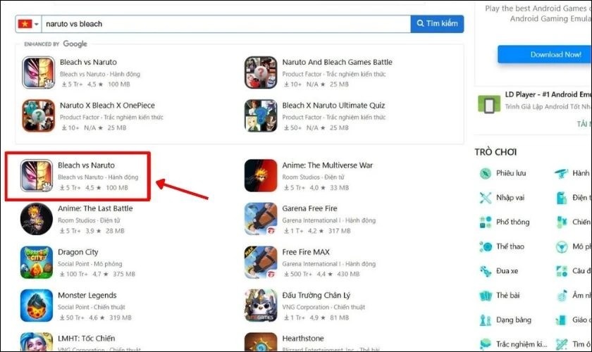 Truy cập vào CH Store và tìm game Naruto vs Bleach 5.0