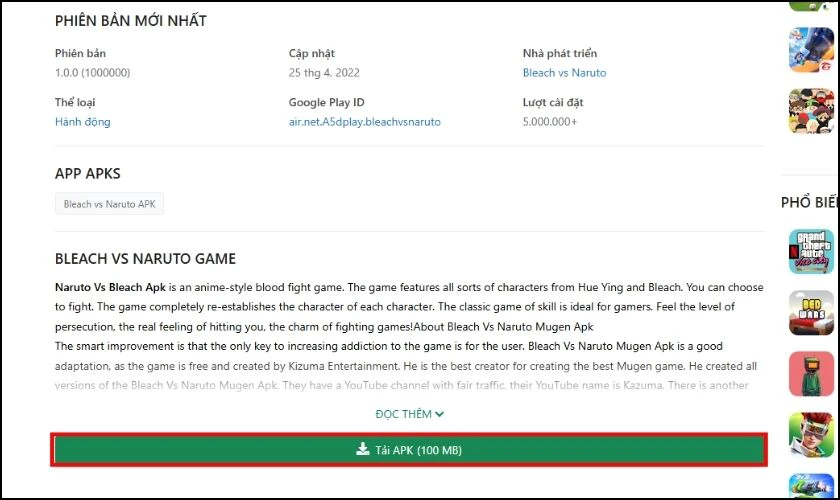 Chọn vào game và nhấn Tải APK (100MB)